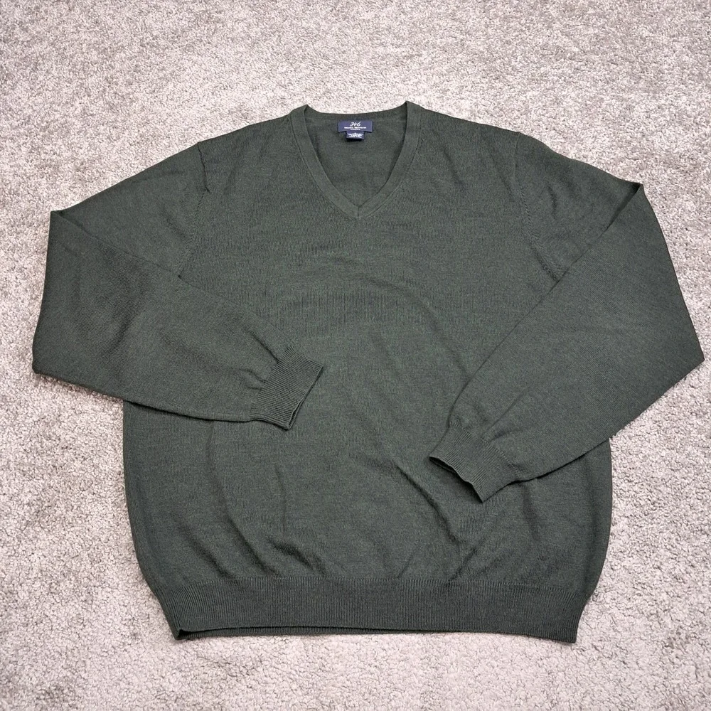 Brooks Brothers 346 Mens Merino Wool V-Neck Sweater Green Stretch Large